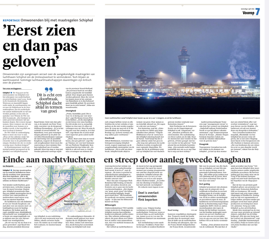 Artikek Leidsch Dagblad over krimp Schiphol 5 april 2023