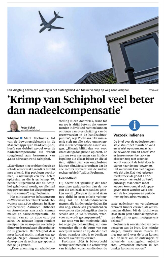 Leidsch Dagblad over herriecompensatie Schiphol 22 april 2023